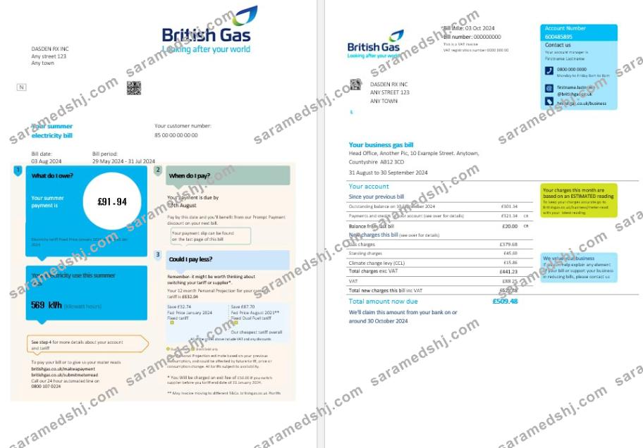 United Kingdom British Gas business utility bill PSD template